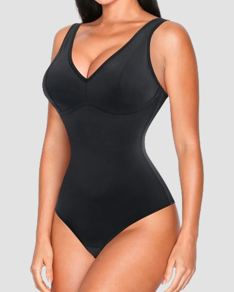 Tummy Control Slim Body Shaper Deep V-Neck Thong Bodysuits  - By Qivii