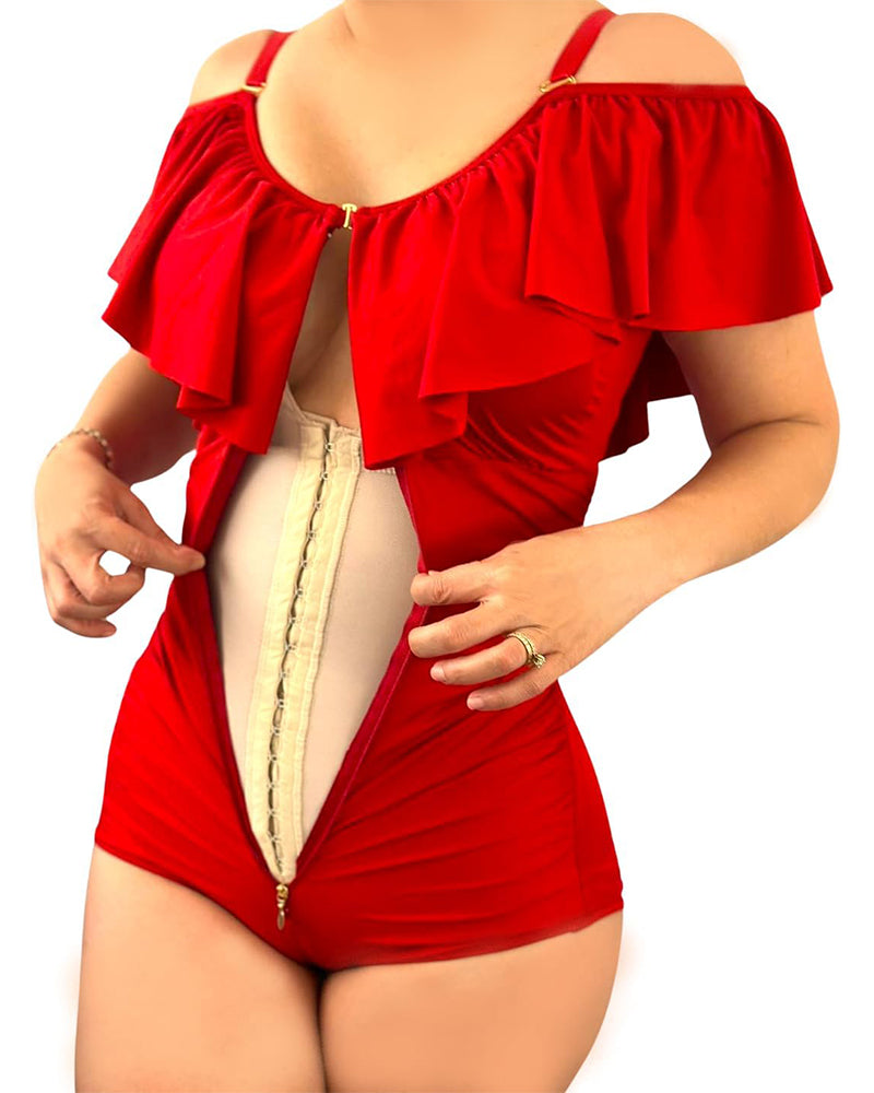 Shapshe® Fajas Colombianas One Piece Ruffled Tummy Control Triangle Swimsuit  - By Qivii