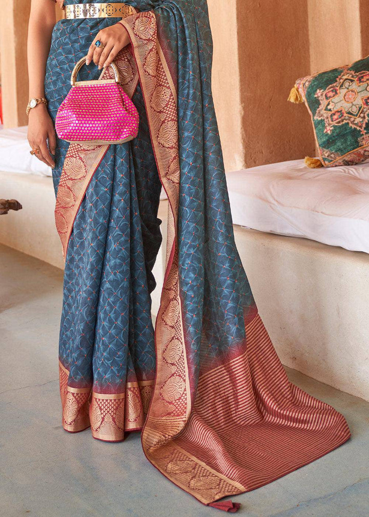 Aegean Blue Bandhani Design Silk Saree with Jacquard Border & Pallu | Stitched Blouse - qivii