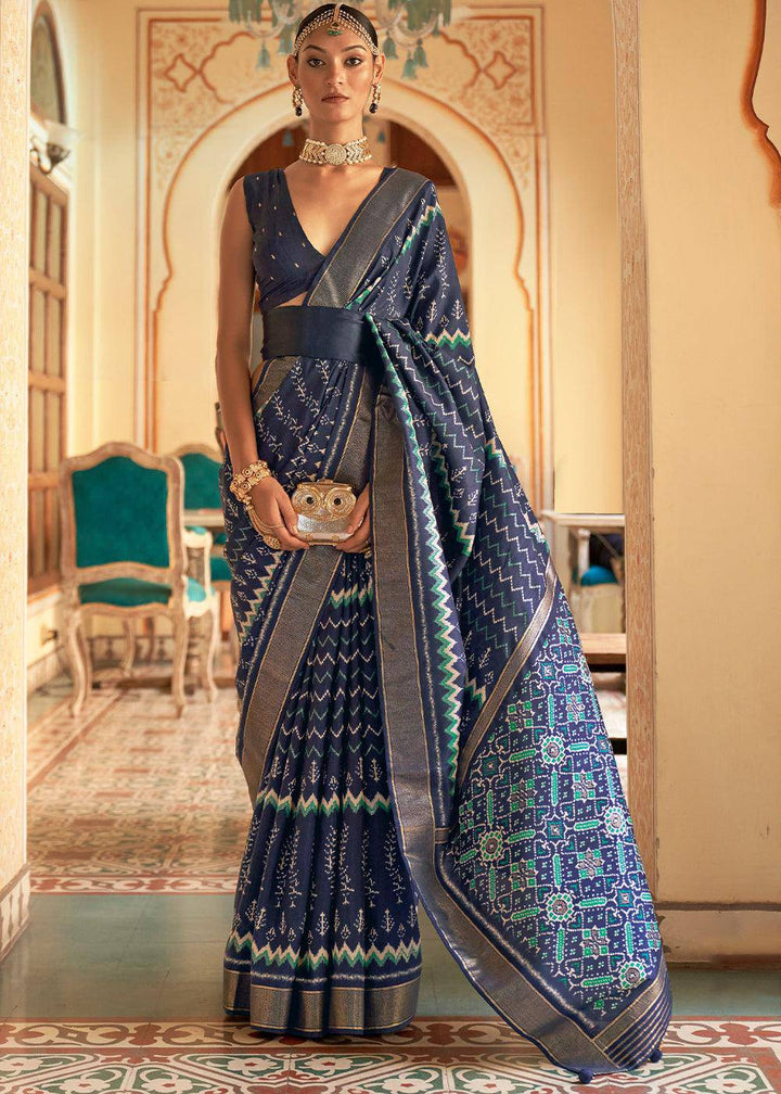 Aegean Blue Designer Printed Silk Saree | Stitched Blouse - qivii