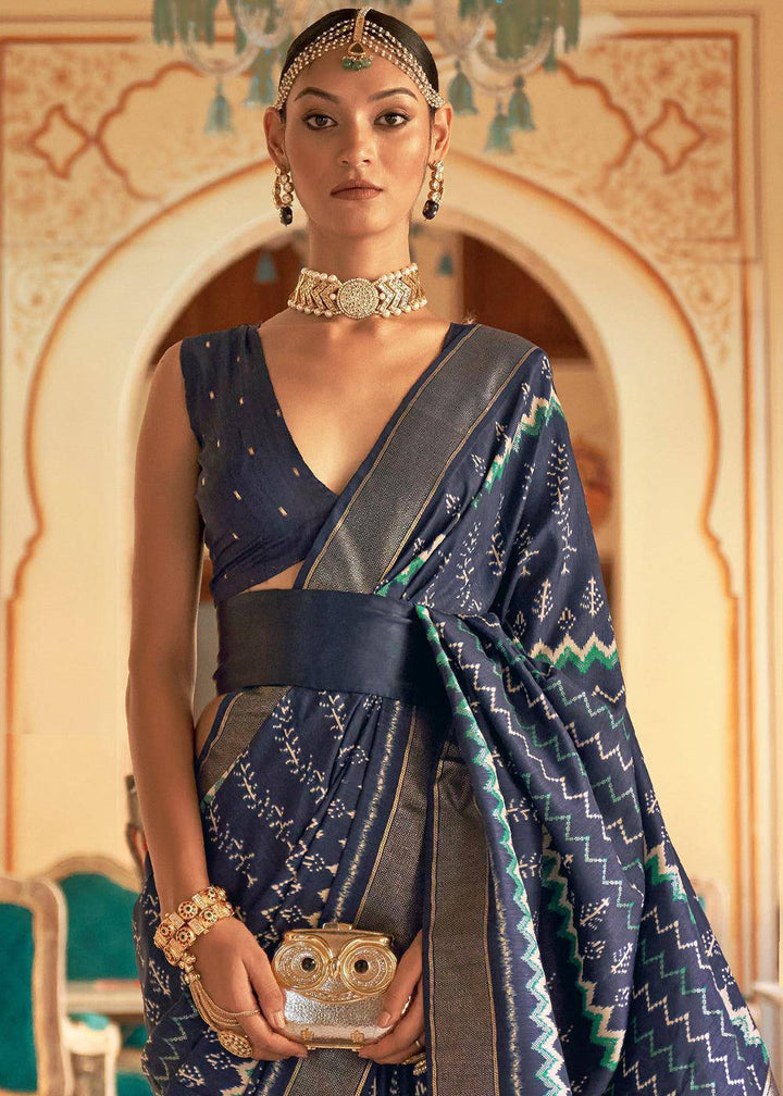 Aegean Blue Designer Printed Silk Saree | Stitched Blouse - qivii