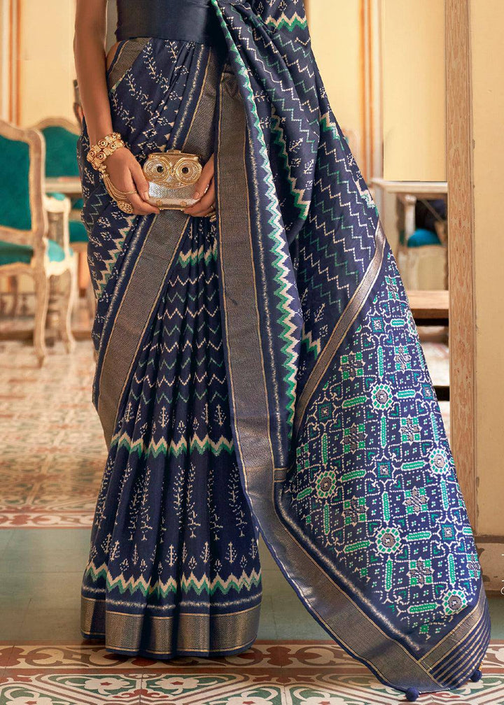 Aegean Blue Designer Printed Silk Saree | Stitched Blouse - qivii