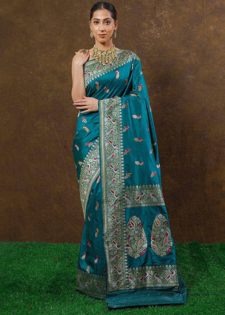 Aegean Blue Hand Woven Pure Katan Silk Saree | Stitched Blouse - qivii