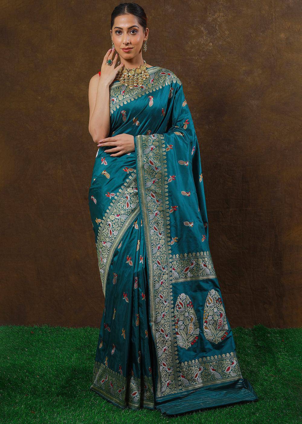 Aegean Blue Hand Woven Pure Katan Silk Saree | Stitched Blouse - qivii