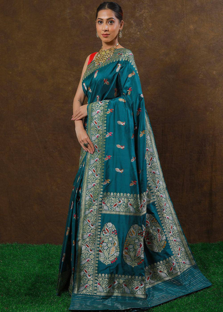 Aegean Blue Hand Woven Pure Katan Silk Saree | Stitched Blouse - qivii