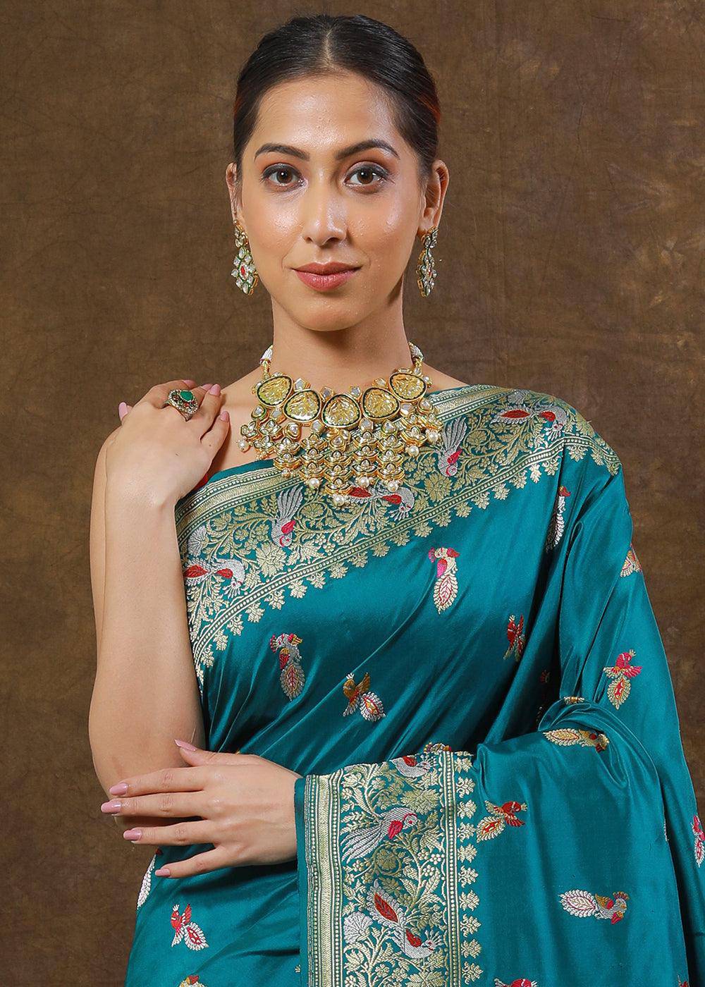 Aegean Blue Hand Woven Pure Katan Silk Saree | Stitched Blouse - qivii