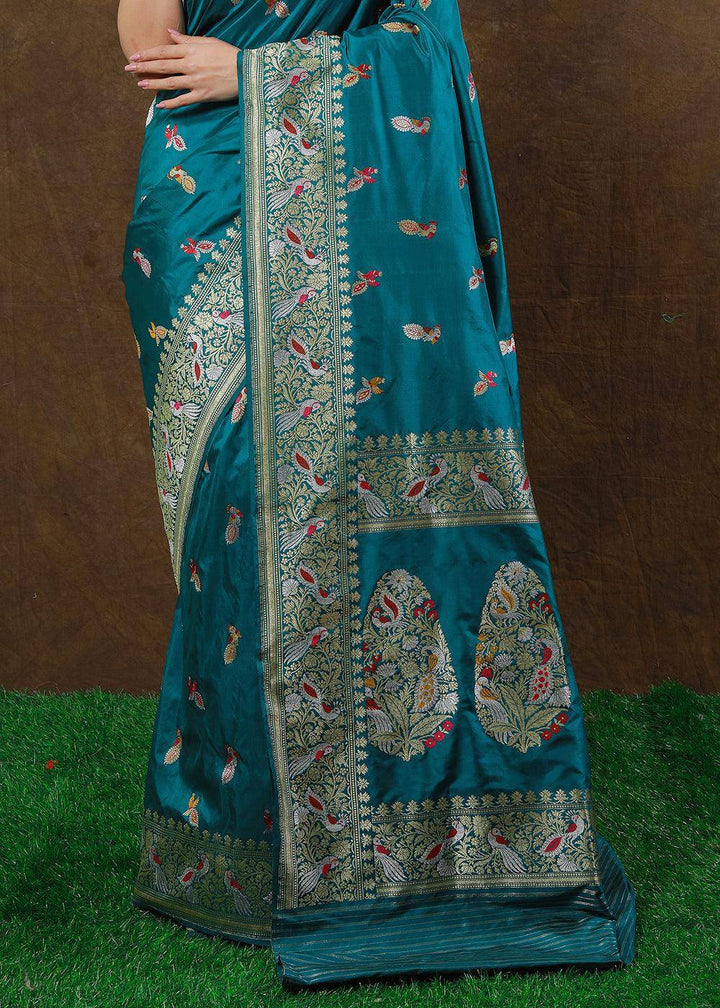 Aegean Blue Hand Woven Pure Katan Silk Saree | Stitched Blouse - qivii