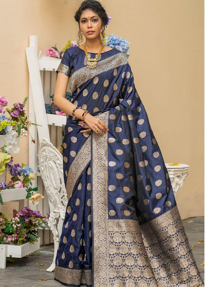 Aegean Blue Soft Banarasi Silk Saree with overall Butti | Stitched Blouse - qivii