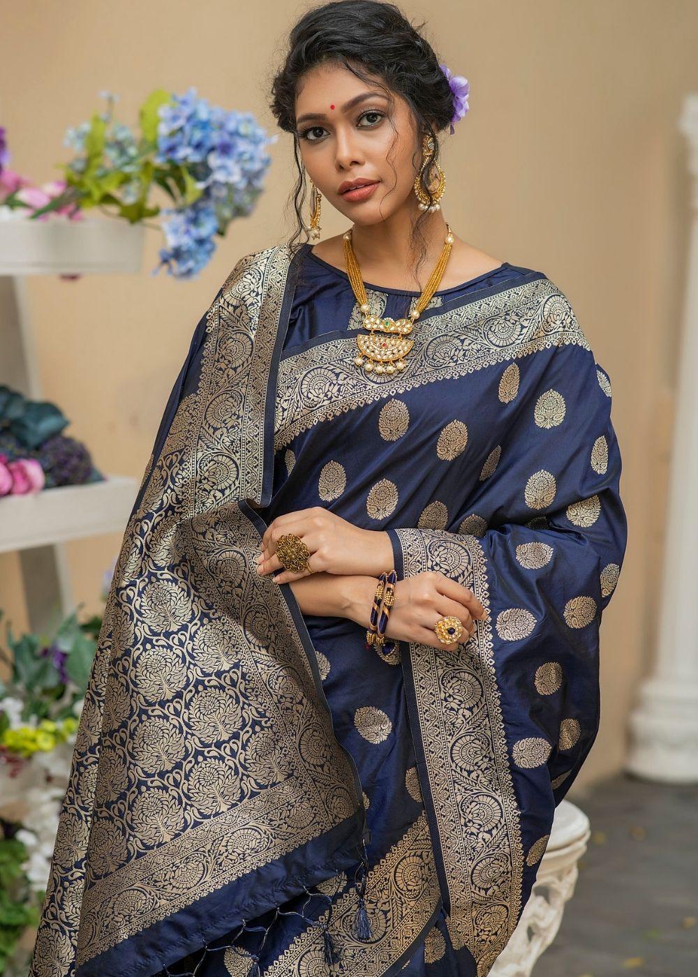 Aegean Blue Soft Banarasi Silk Saree with overall Butti | Stitched Blouse - qivii