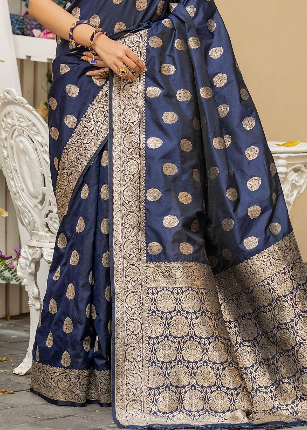 Aegean Blue Soft Banarasi Silk Saree with overall Butti | Stitched Blouse - qivii