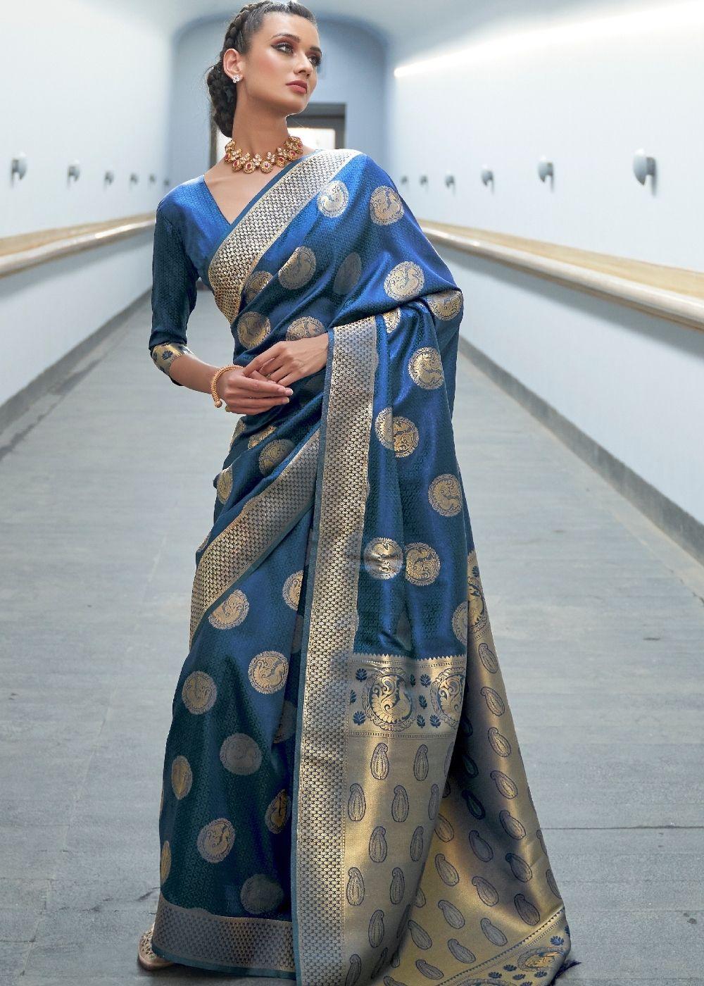 Aegean Blue Woven Banarasi Silk Saree with overall Butti | Stitched Blouse - qivii