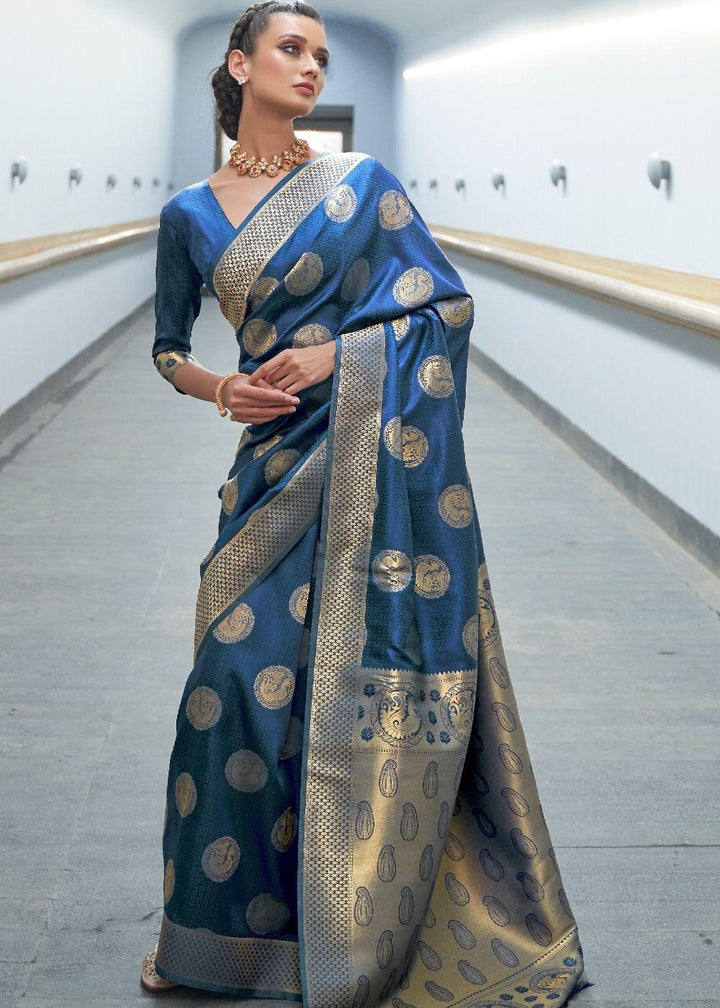 Aegean Blue Woven Banarasi Silk Saree with overall Butti | Stitched Blouse - qivii