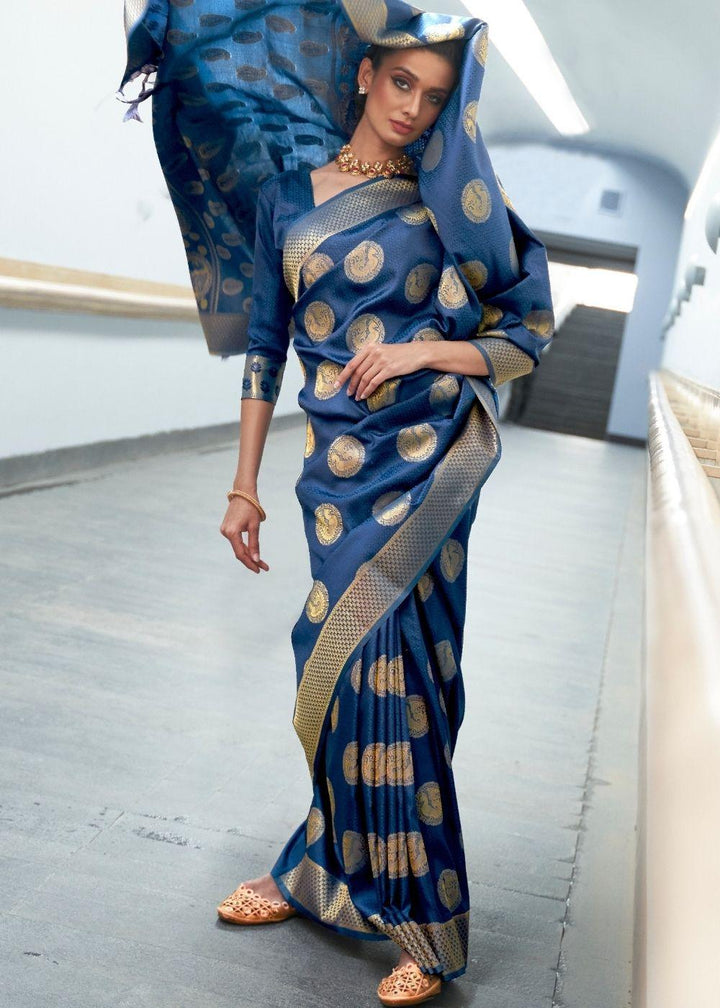 Aegean Blue Woven Banarasi Silk Saree with overall Butti | Stitched Blouse - qivii