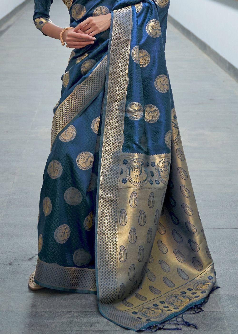 Aegean Blue Woven Banarasi Silk Saree with overall Butti | Stitched Blouse - qivii