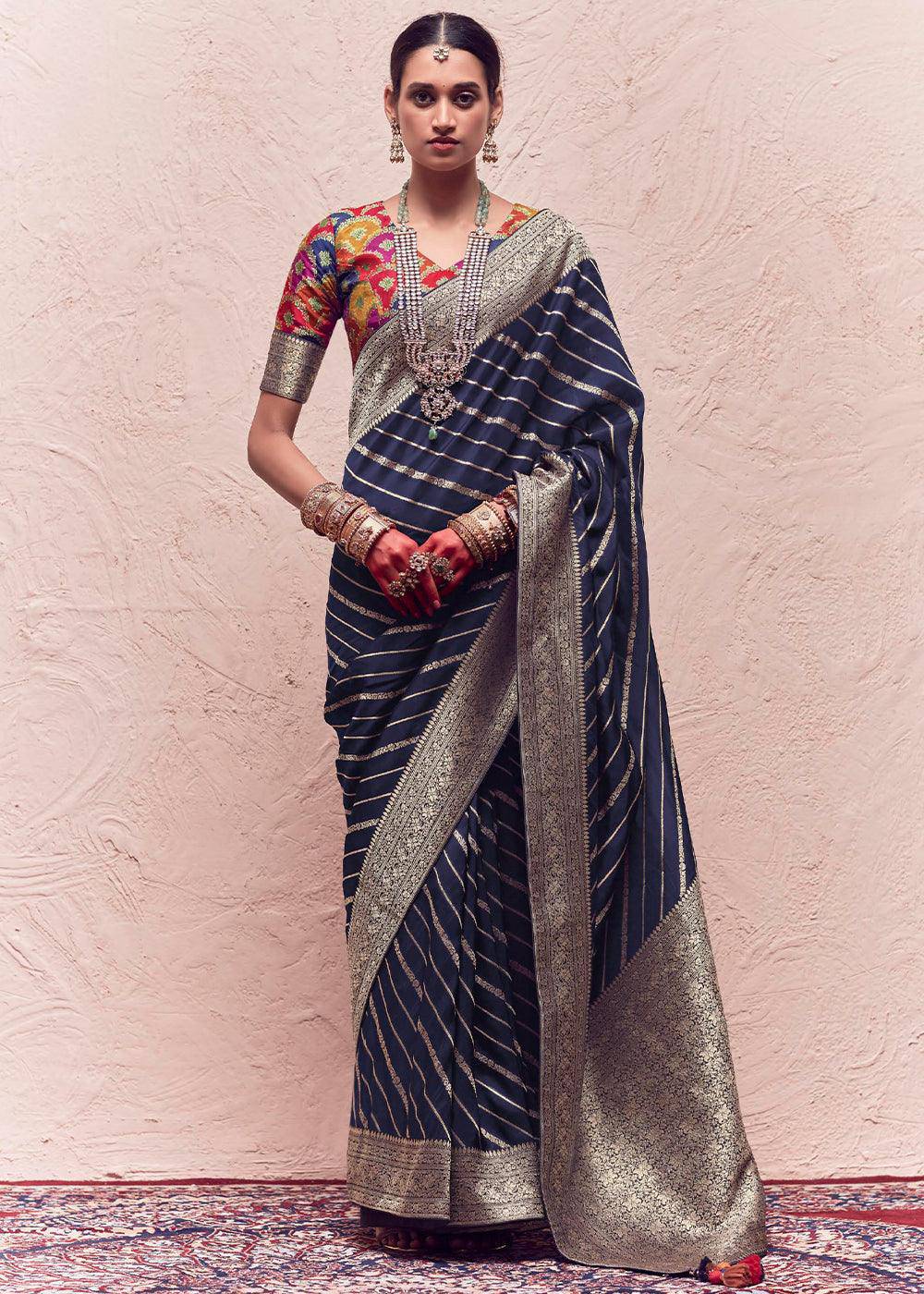 Aegean Blue Zari Woven Dola Silk Saree With Zari Woven Blouse | Stitched Blouse - qivii