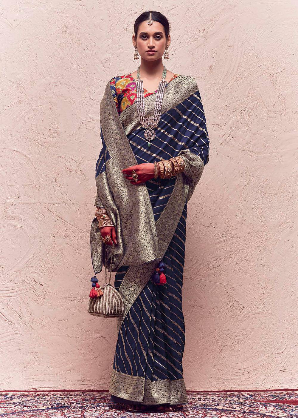 Aegean Blue Zari Woven Dola Silk Saree With Zari Woven Blouse | Stitched Blouse - qivii