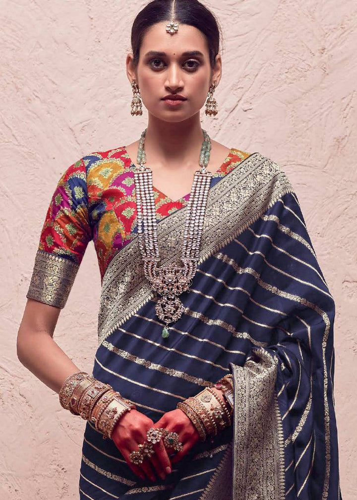 Aegean Blue Zari Woven Dola Silk Saree With Zari Woven Blouse | Stitched Blouse - qivii