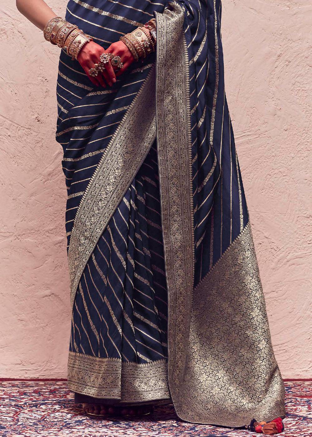 Aegean Blue Zari Woven Dola Silk Saree With Zari Woven Blouse | Stitched Blouse - qivii