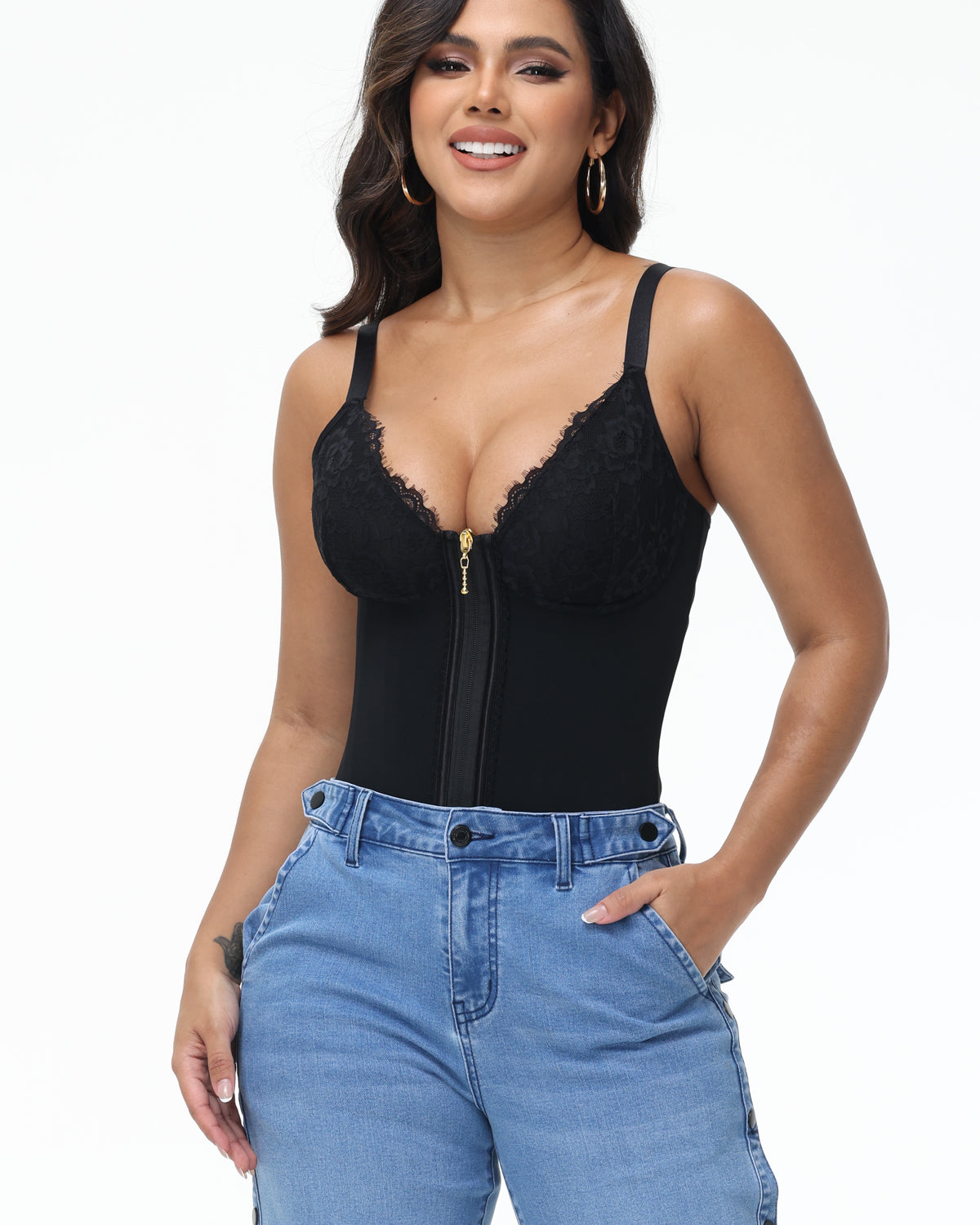 Shapshe® Deep V Lace Corset Top Trimmed Waist Trainer with Front Zipper  - By Qivii