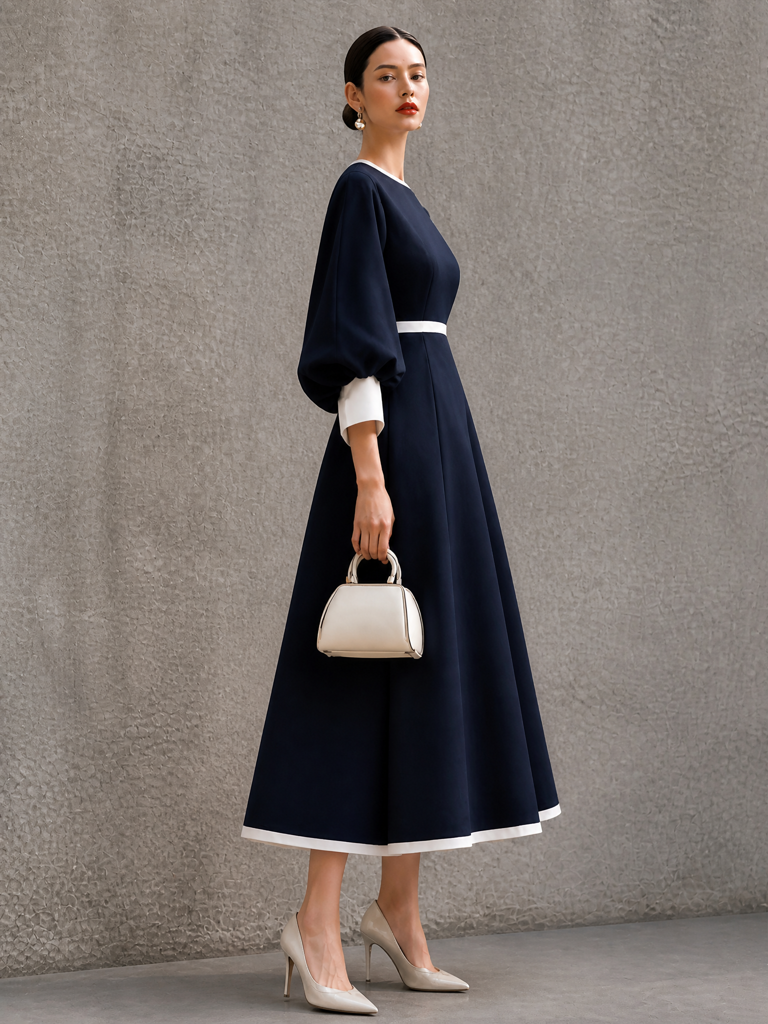 Women's Colorblock Elegant Puff Sleeve Maxi Dress MDZ1499H2GMJ
