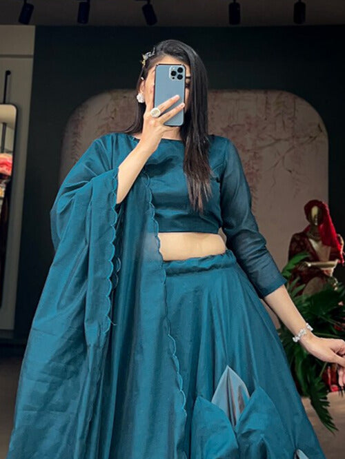 Rajwadi Chanderi Silk With Hand Made Flower Work Lehenga Choli In Teal Color