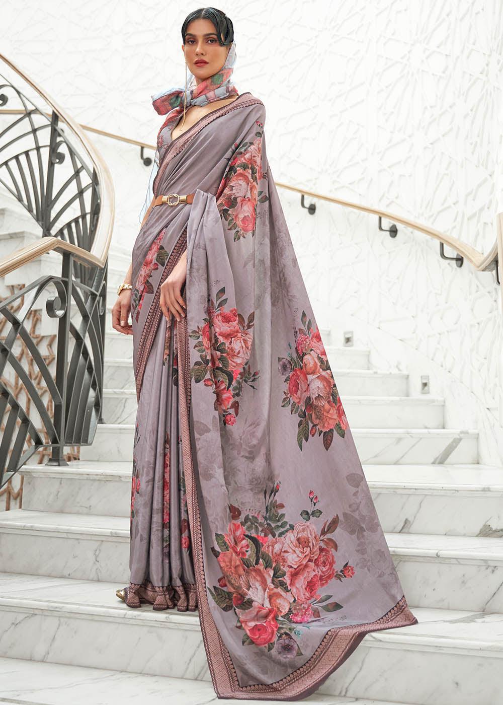 African Purple Digital Printed Crepe Silk Saree | Stitched Blouse - qivii