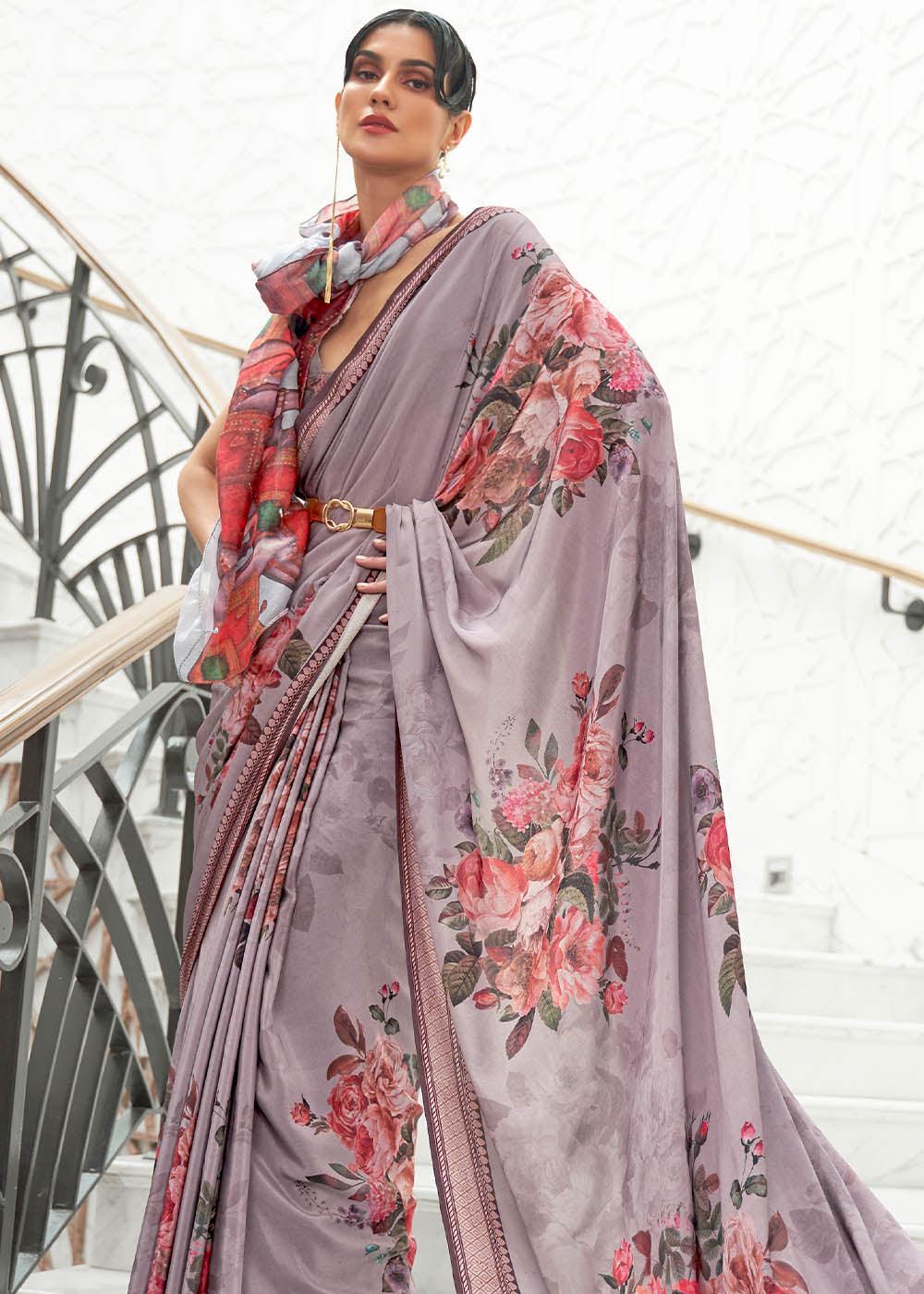 African Purple Digital Printed Crepe Silk Saree | Stitched Blouse - qivii