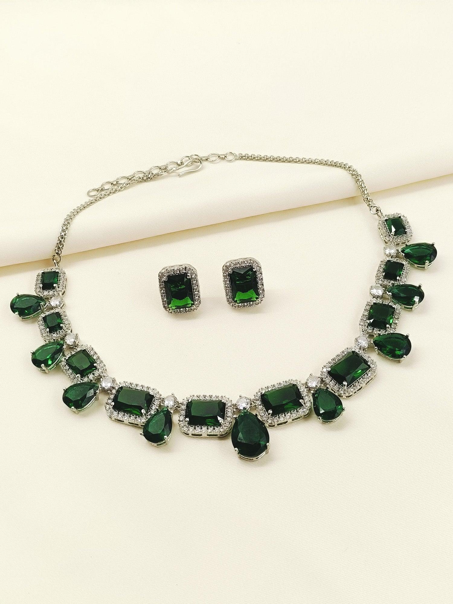 Ayana Green Emerald And Diamonds Silver Plated Necklace Set