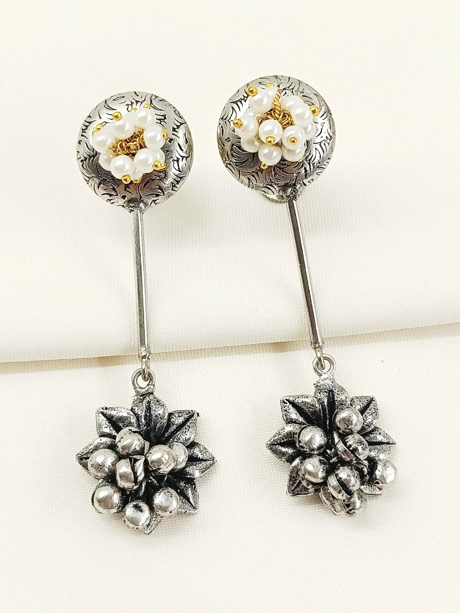 Dhrishita White Pearl Oxidized Earring