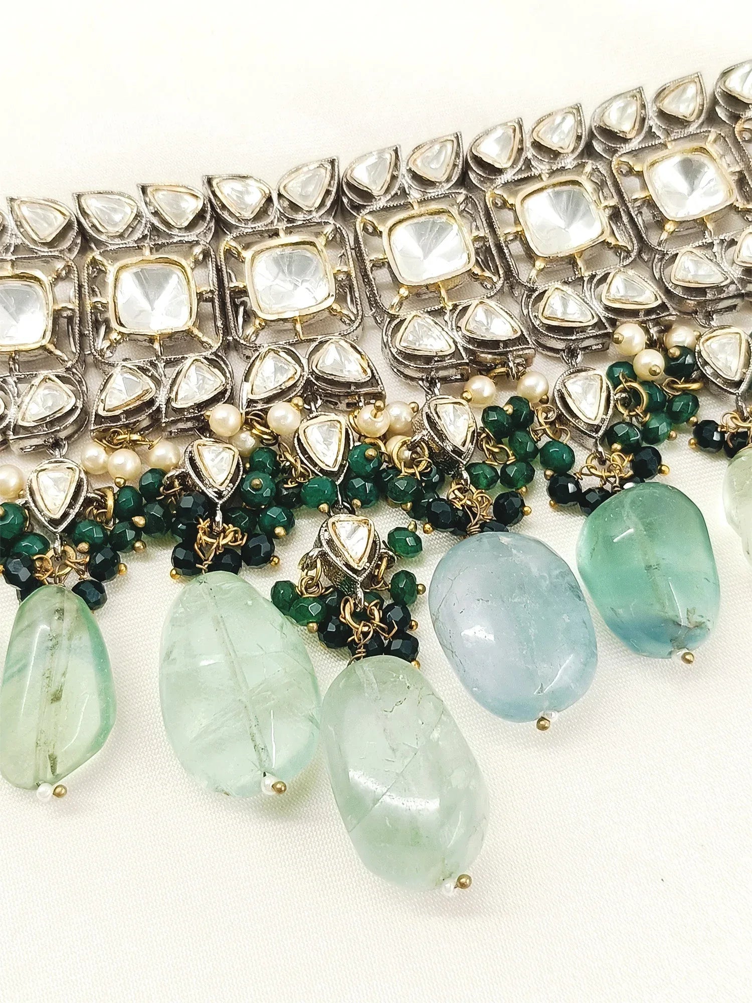Bushra Mint Green Rhodium Plated Victorian Necklace Set