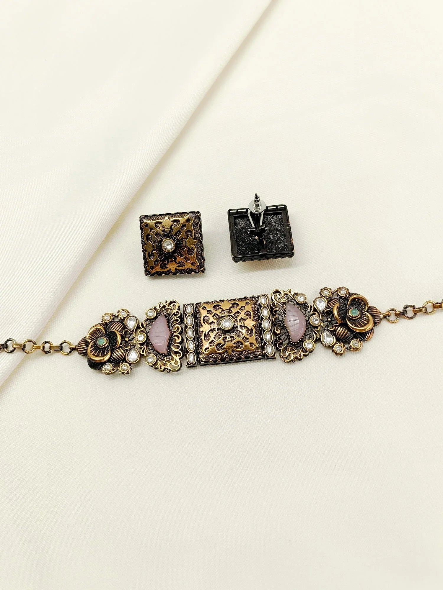 Neeshad Baby Pink Oxidized Choker Set