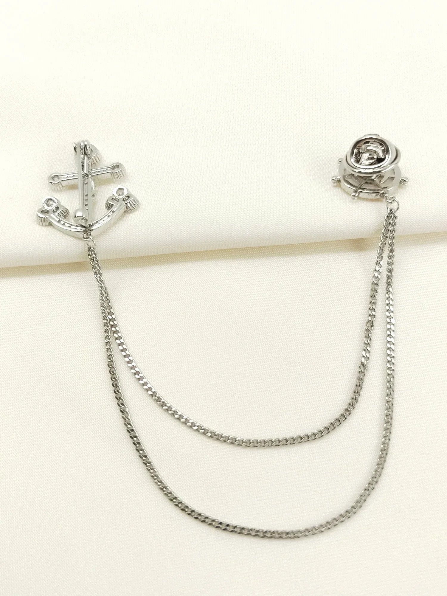 Avanya Silver Anchor & Wheel Brooch Pin With Chain
