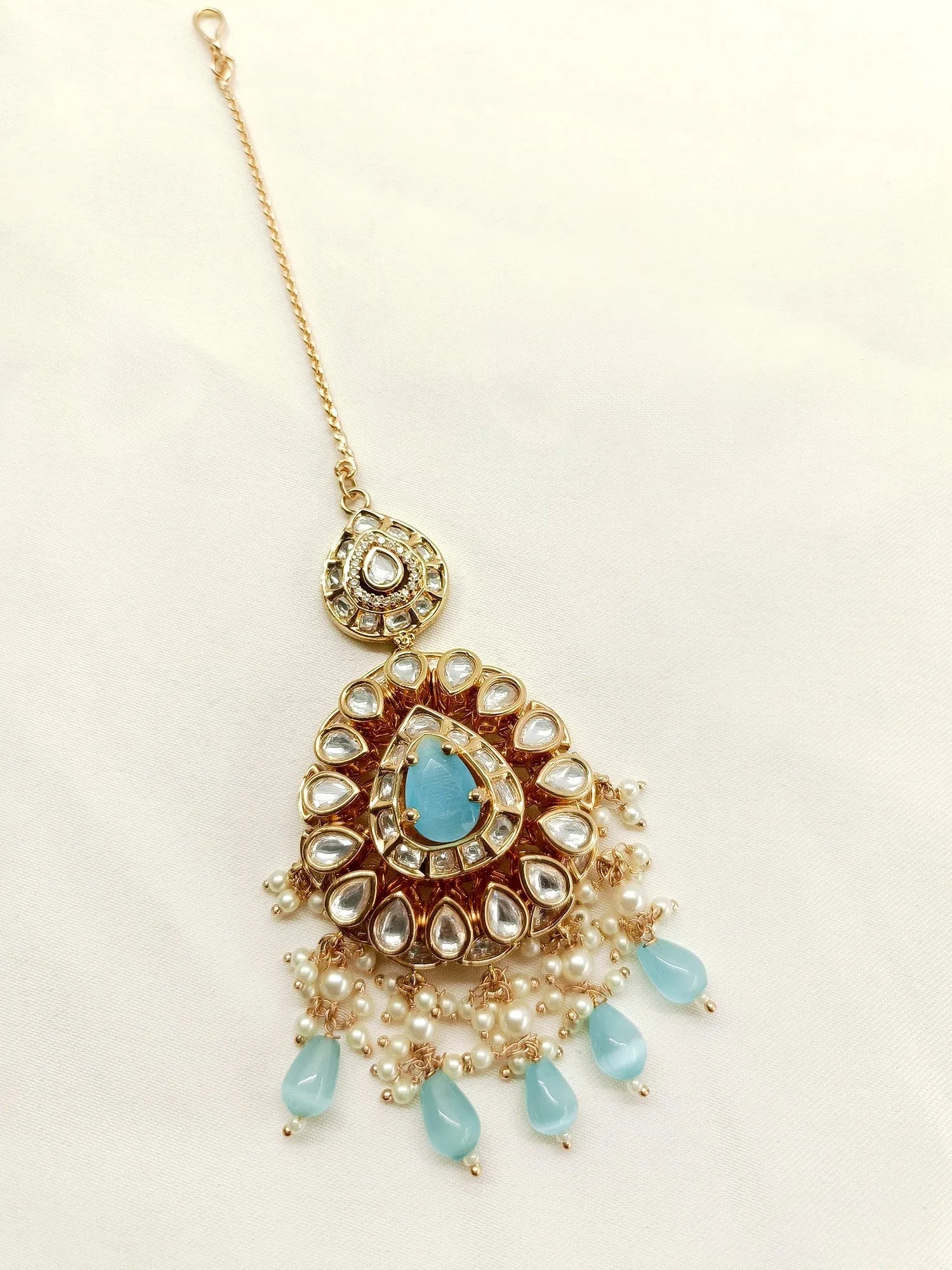 Zehreena Sky Blue Gold Plated Kundan Teeka