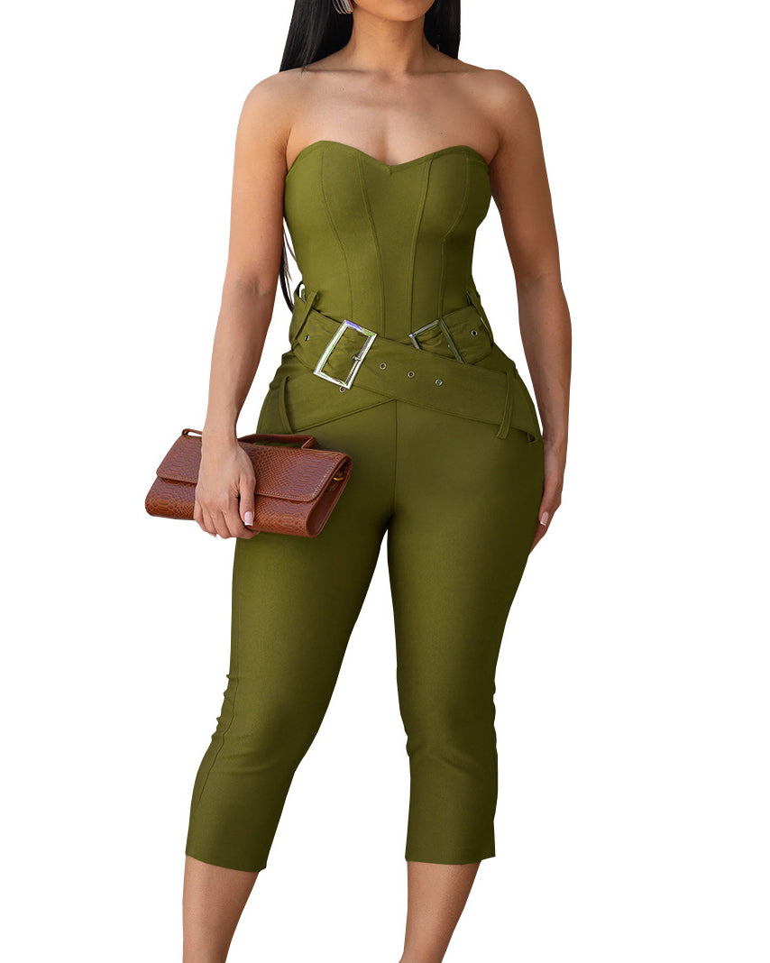 Sweetheart Strapless Capri Jumpsuit with Belt  - By Qivii
