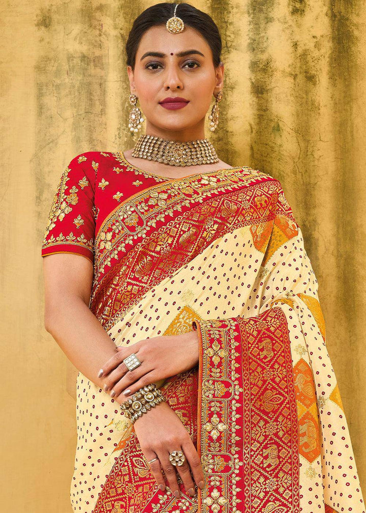 Alabaster White Dola Silk Saree with Beautiful Embroidery work: Wedding Edition | Stitched Blouse - qivii