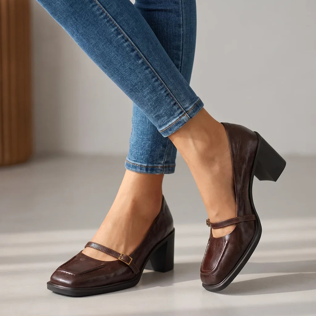 Brown women's orthopedic patent Mary Jane shoes by Hudson Ridge, featuring comfortable heels and classic design.