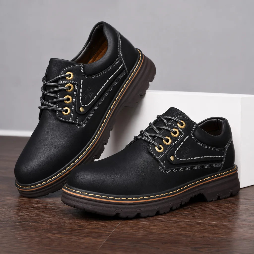 Black men's leather derby shoes by Qivii, featuring classic design and smooth leather finish, perfect for formal or casual wear.