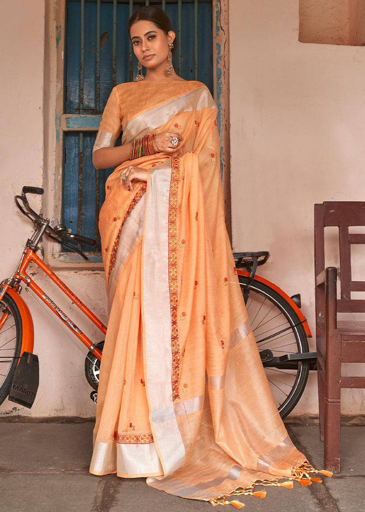 Amber Orange Floral Embroidered Linen Saree | Stitched Blouse - qivii