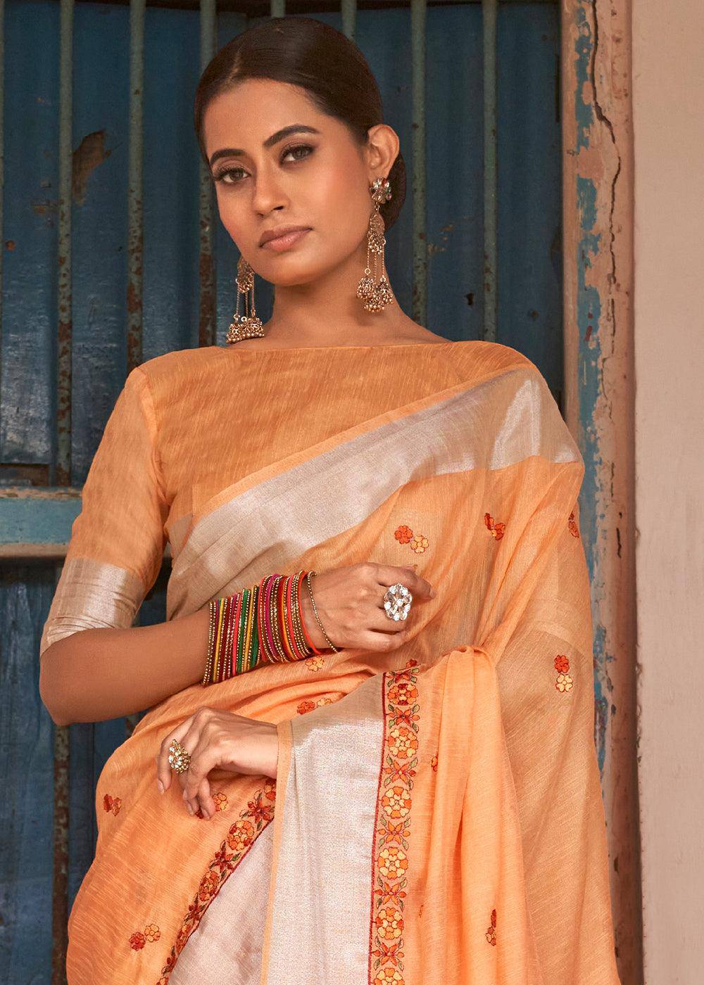 Amber Orange Floral Embroidered Linen Saree | Stitched Blouse - qivii