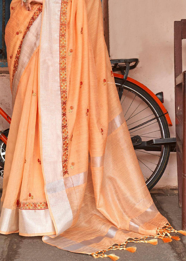 Amber Orange Floral Embroidered Linen Saree | Stitched Blouse - qivii