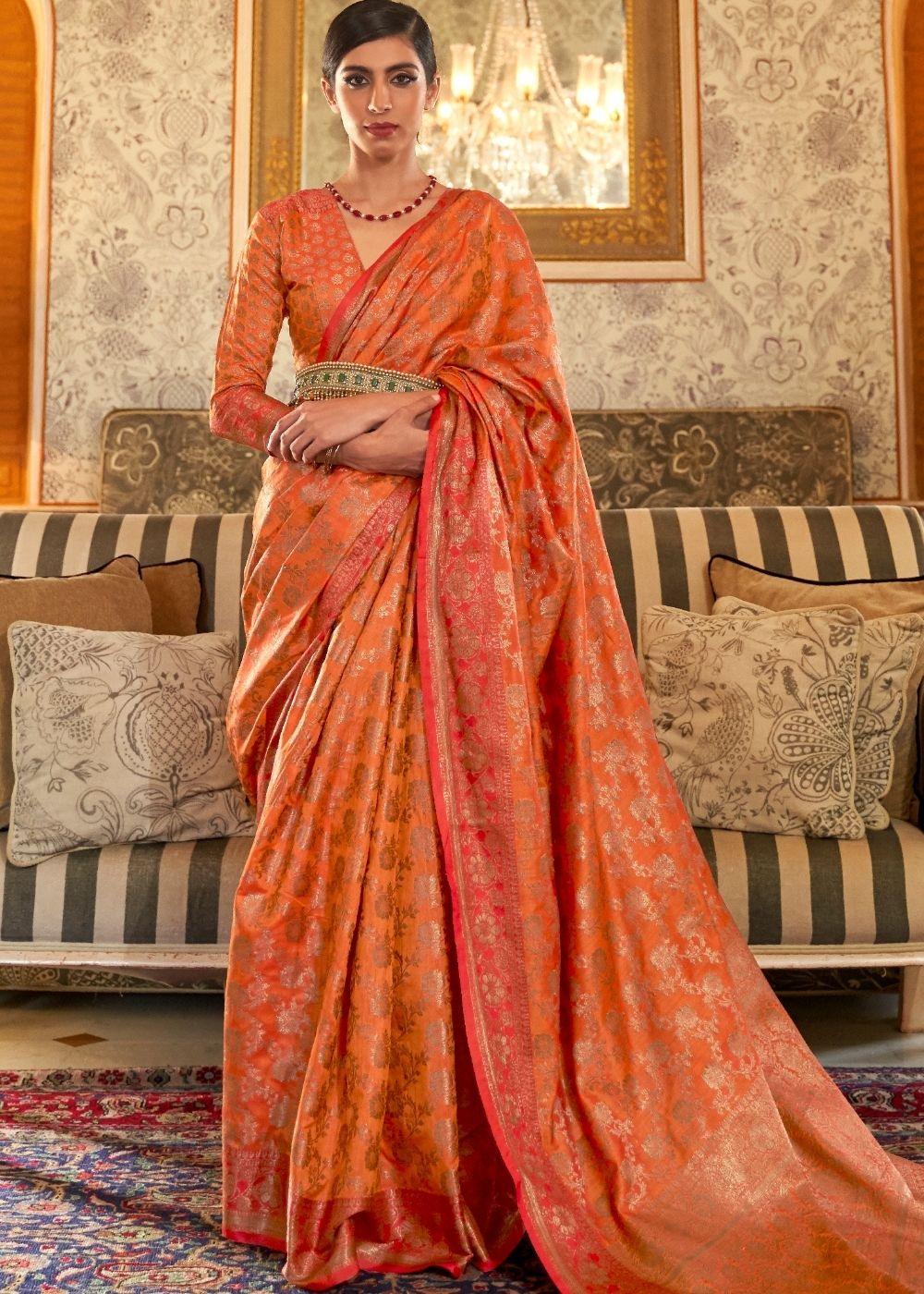 Amber Orange Woven Banarasi Tussar Silk Saree : Top Pick - qivii