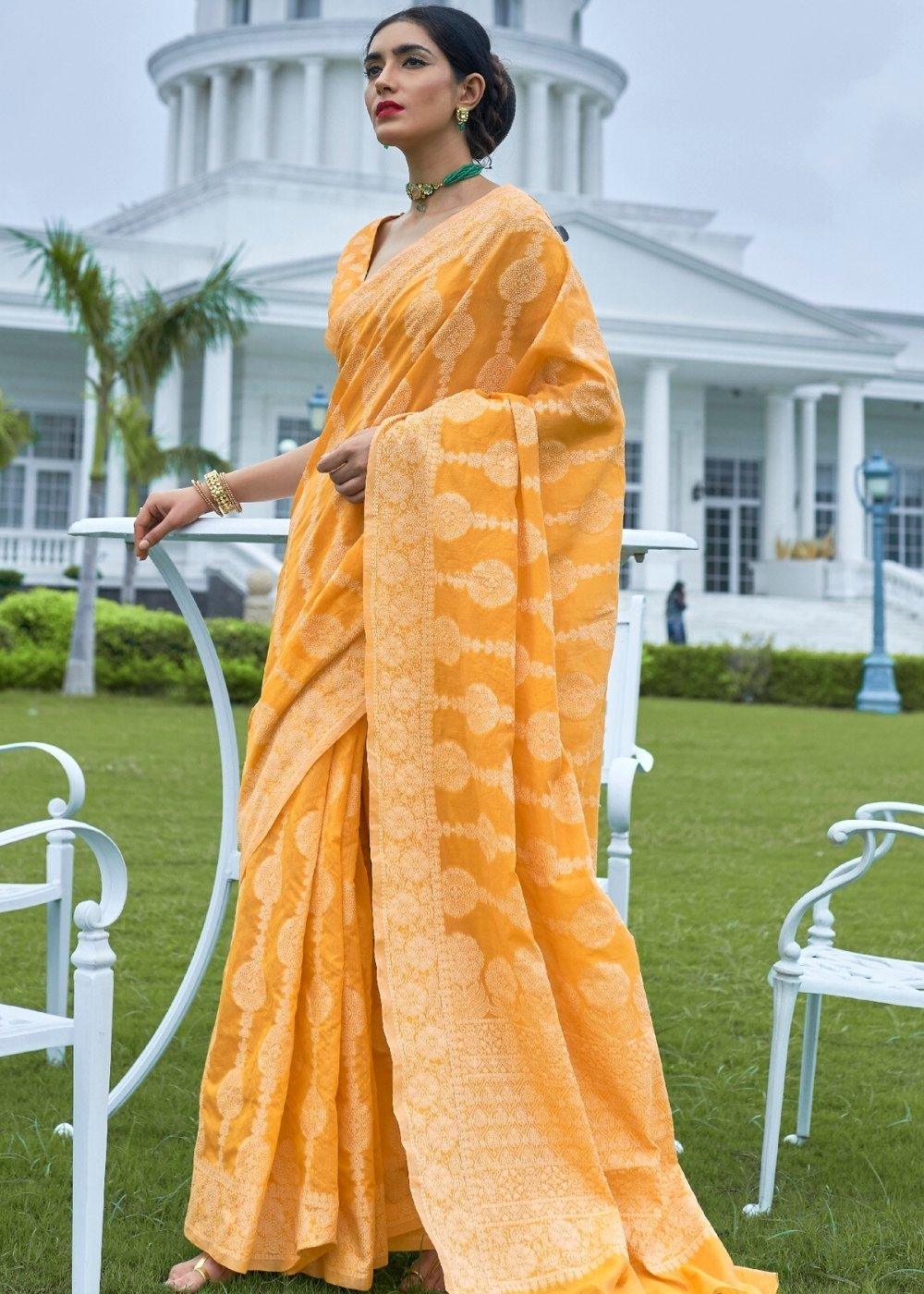 Amber Yellow Lucknowi Chikankari Weaving Silk Saree | Stitched Blouse - qivii