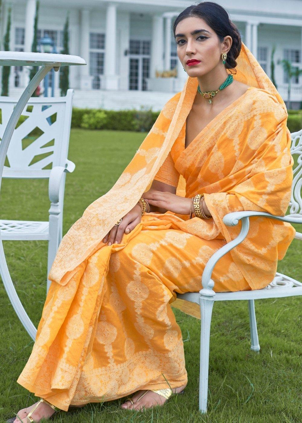 Amber Yellow Lucknowi Chikankari Weaving Silk Saree | Stitched Blouse - qivii