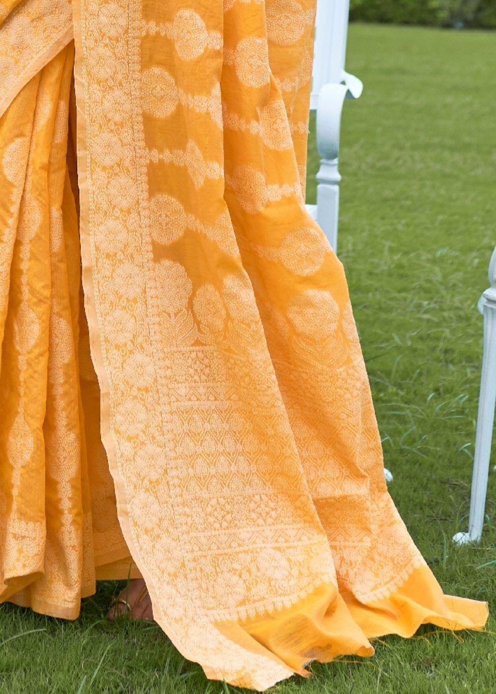 Amber Yellow Lucknowi Chikankari Weaving Silk Saree | Stitched Blouse - qivii