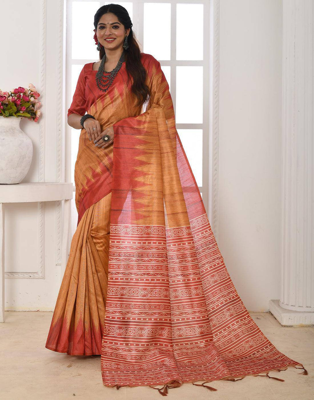 Amber Yellow Tussar Silk Temple Print Saree | Stitched Blouse - qivii