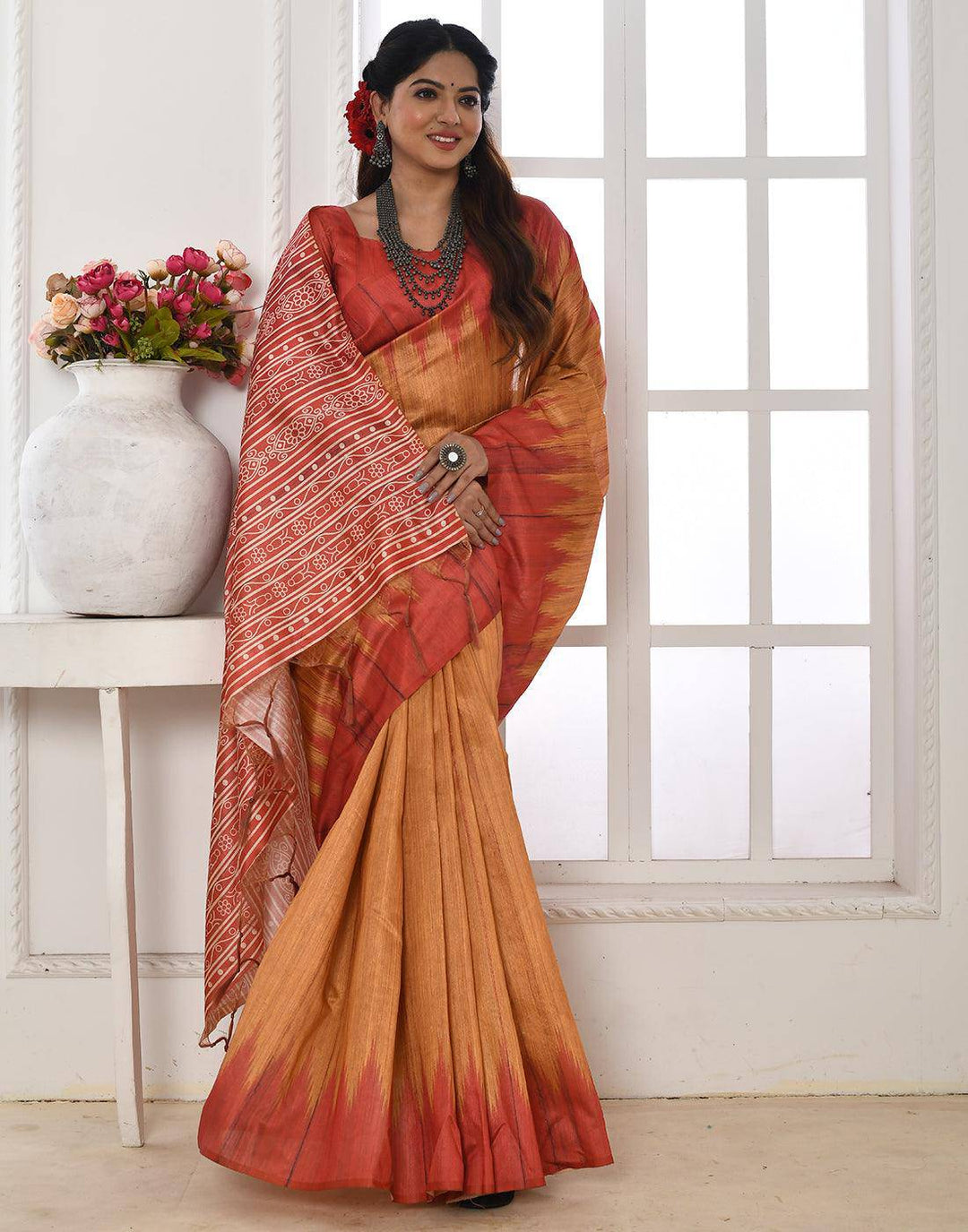 Amber Yellow Tussar Silk Temple Print Saree | Stitched Blouse - qivii