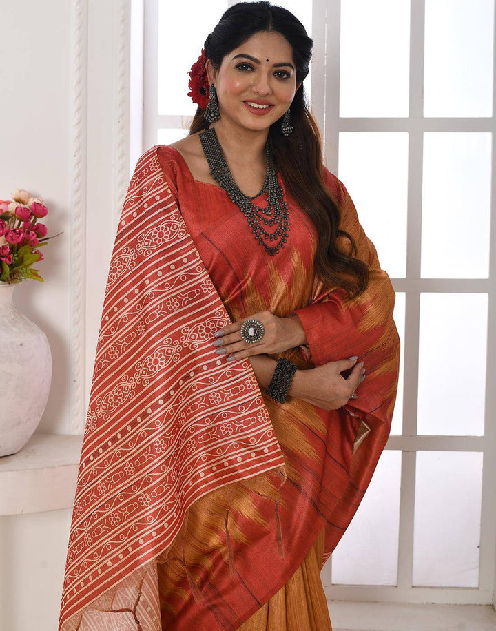 Amber Yellow Tussar Silk Temple Print Saree | Stitched Blouse - qivii