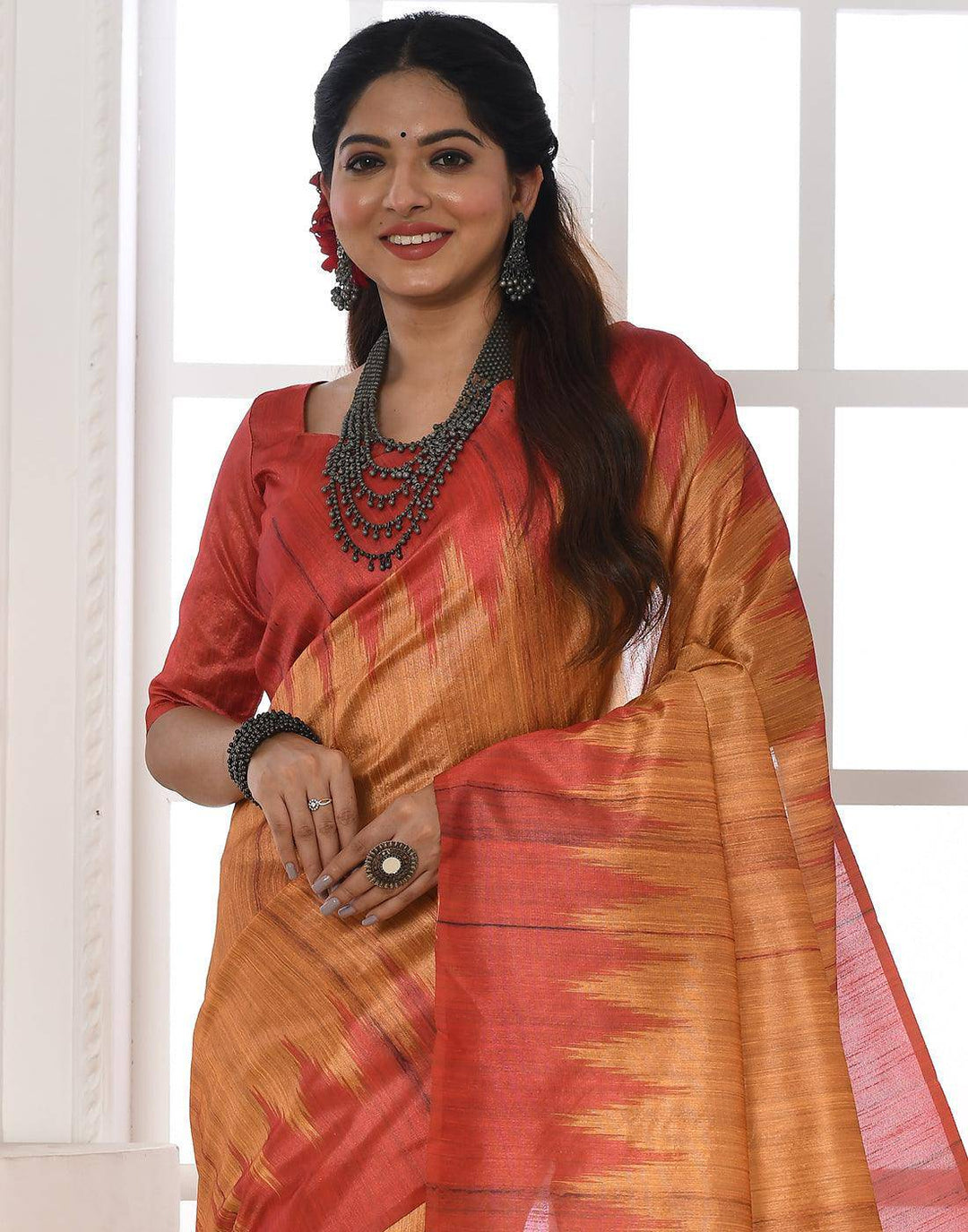 Amber Yellow Tussar Silk Temple Print Saree | Stitched Blouse - qivii