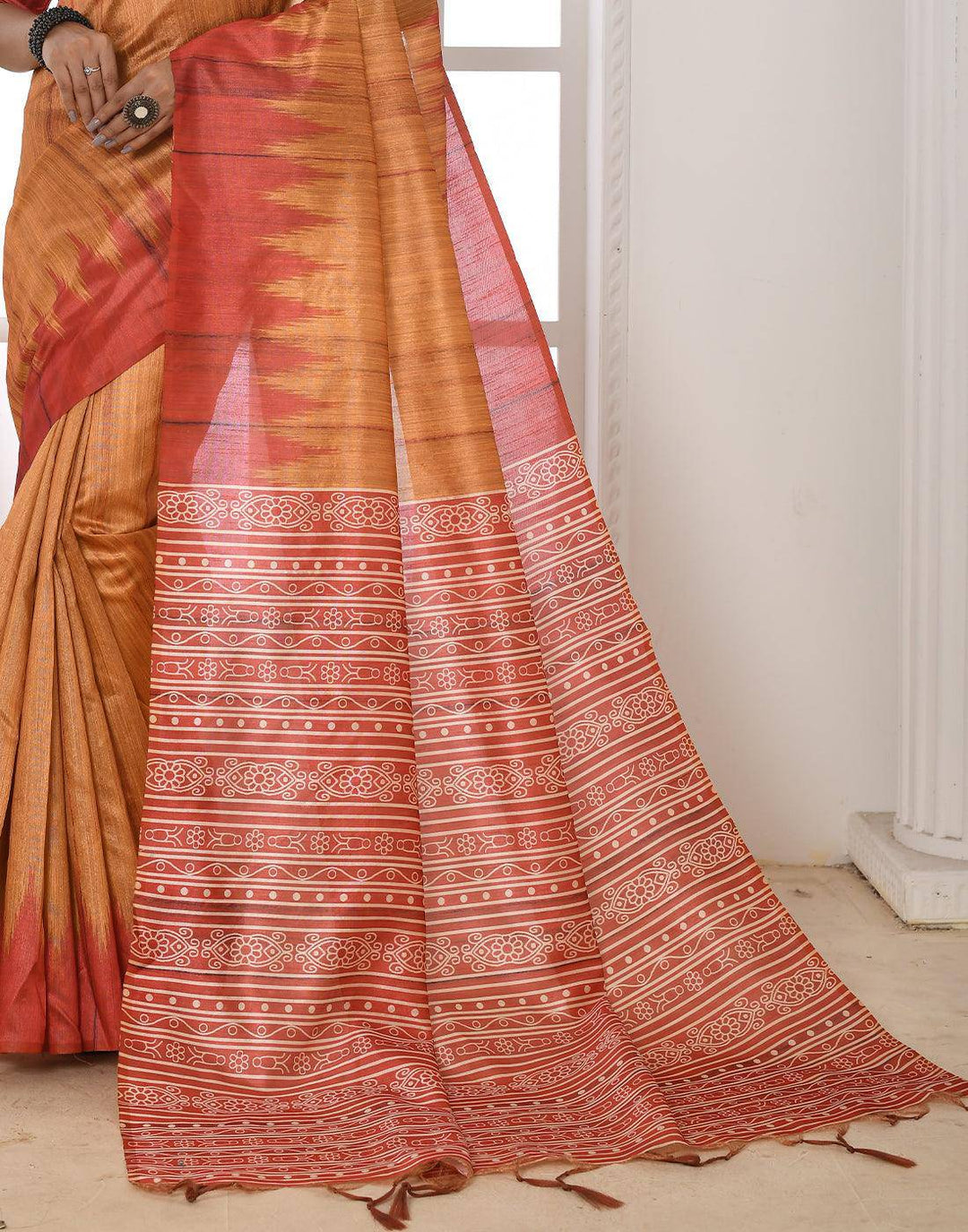 Amber Yellow Tussar Silk Temple Print Saree | Stitched Blouse - qivii