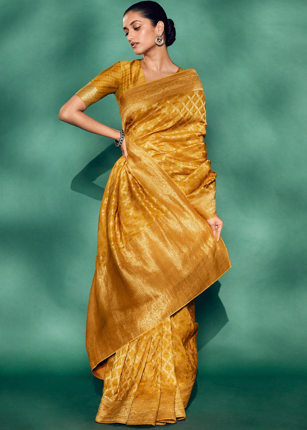 Amber Yellow Woven Viscose Silk Saree - qivii